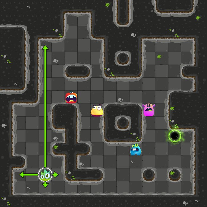 The difficult board at the start: Roland, the green monster, four other monsters and the exit.
