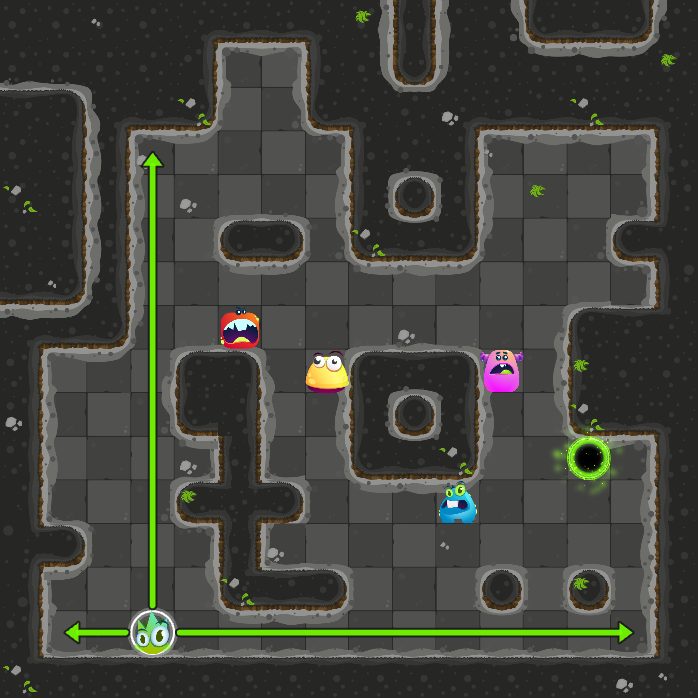 Before move 2: the monster that moves next is selected, with arrows where it can slide.
