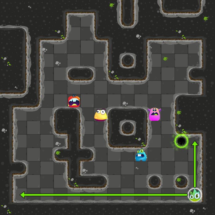 Before move 3: the monster that moves next is selected, with arrows where it can slide.