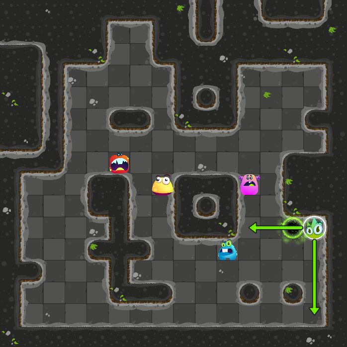 Before move 4: the monster that moves next is selected, with arrows where it can slide.