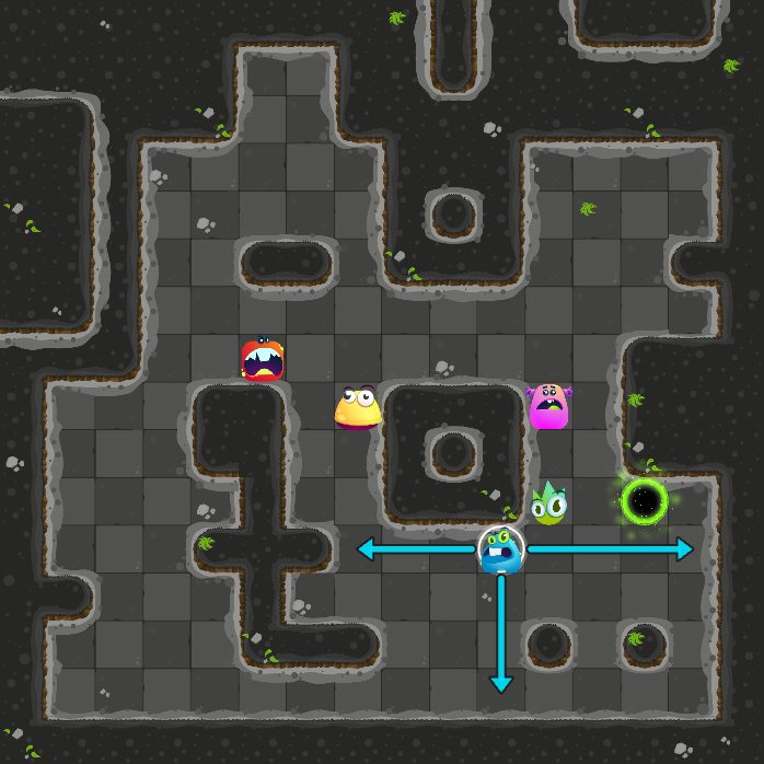 Before move 5: the monster that moves next is selected, with arrows where it can slide.
