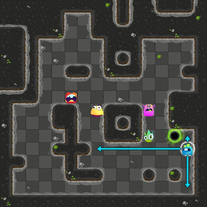 Before move 6: the monster that moves next is selected, with arrows where it can slide.