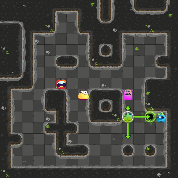 Before move 7: the monster that moves next is selected, with arrows where it can slide.