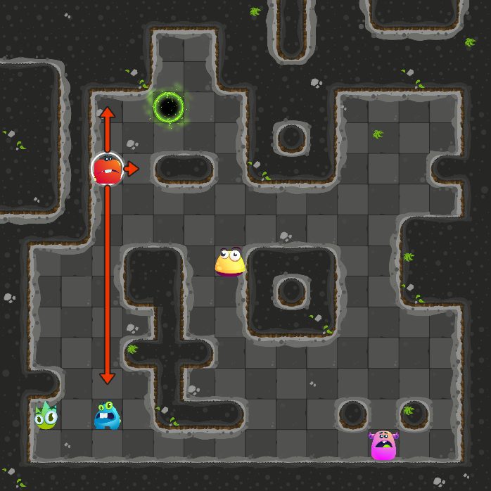 The difficult board at the start: Roland, the green monster, four other monsters and the exit.