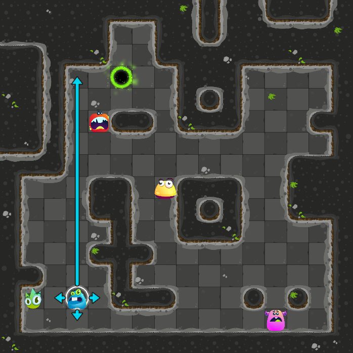 Before move 2: the monster that moves next is selected, with arrows where it can slide.