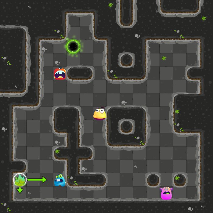 Before move 3: the monster that moves next is selected, with arrows where it can slide.