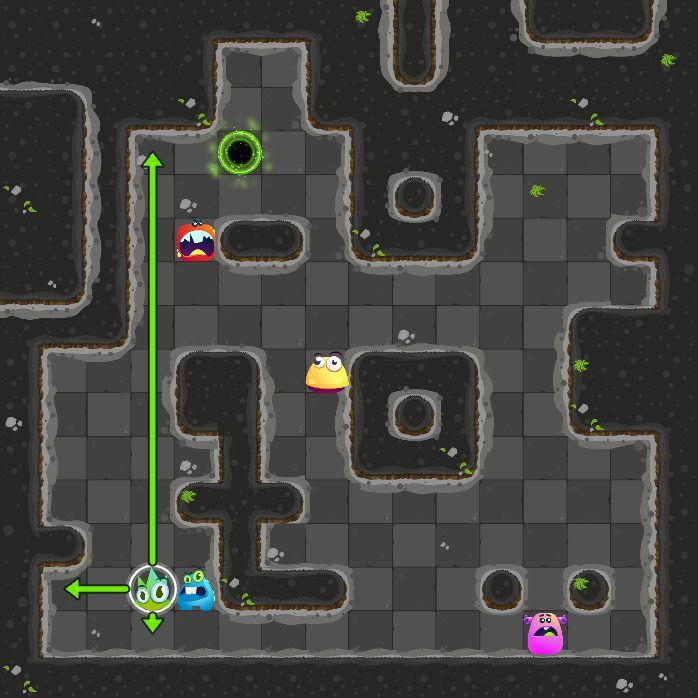 Before move 4: the monster that moves next is selected, with arrows where it can slide.
