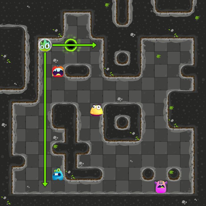 Before move 5: the monster that moves next is selected, with arrows where it can slide.