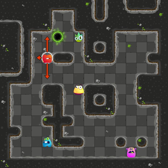 Before move 6: the monster that moves next is selected, with arrows where it can slide.