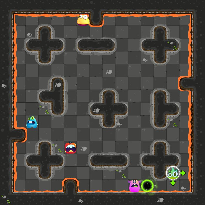 Before move 2: the monster that moves next is selected, with arrows where it can slide.