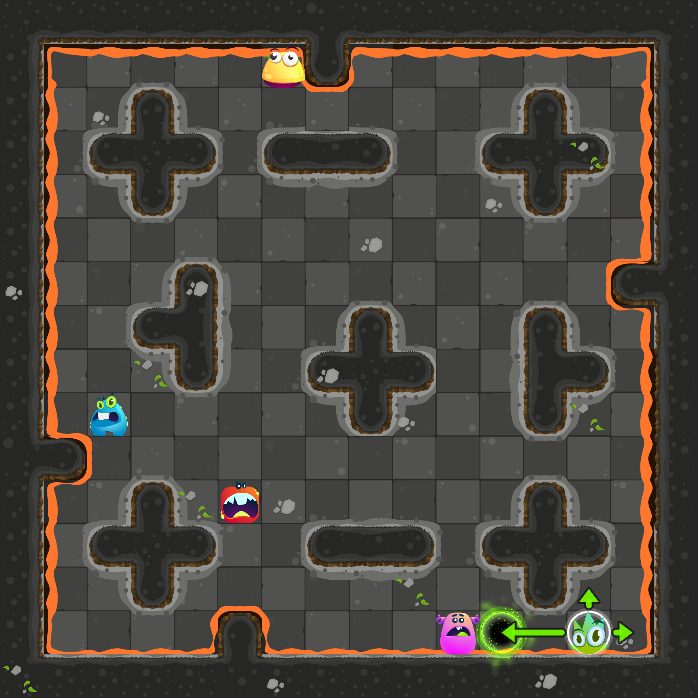Before move 3: the monster that moves next is selected, with arrows where it can slide.