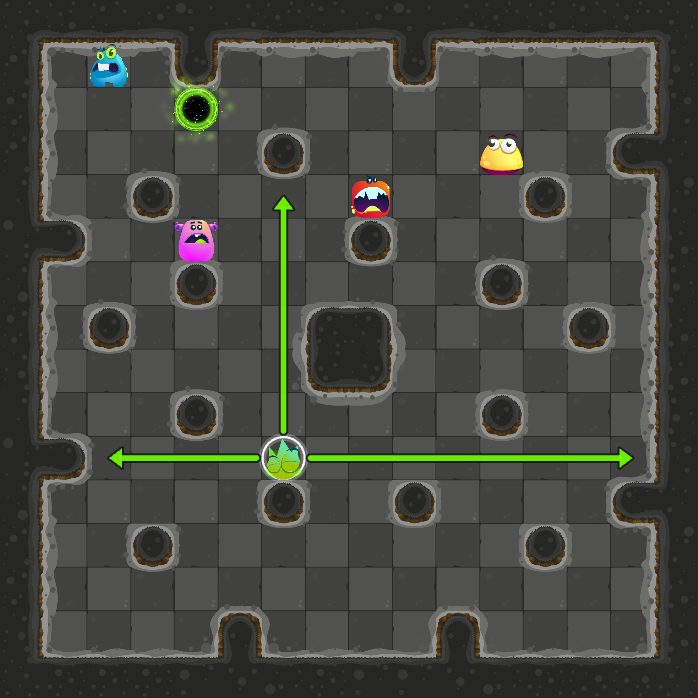 Before move 2: the monster that moves next is selected, with arrows where it can slide.