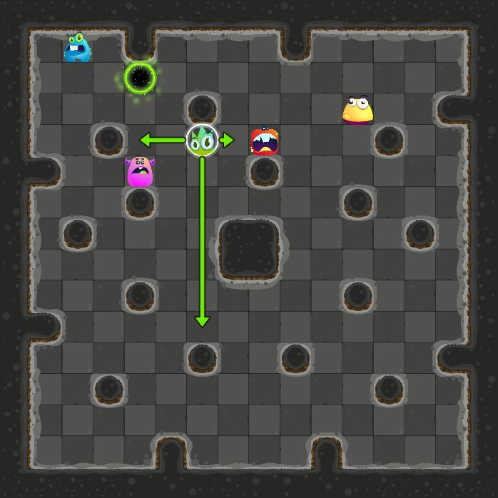 Before move 3: the monster that moves next is selected, with arrows where it can slide.