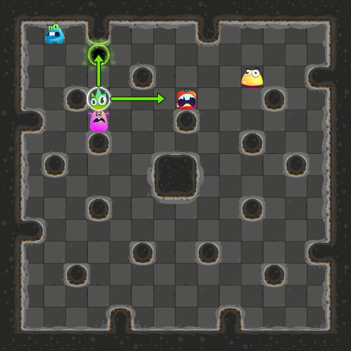 Before move 4: the monster that moves next is selected, with arrows where it can slide.