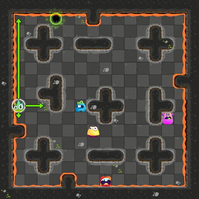 The medium board at the start: Roland, the green monster, four other monsters and the exit.