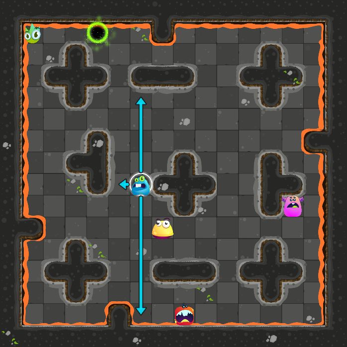 Before move 2: the monster that moves next is selected, with arrows where it can slide.