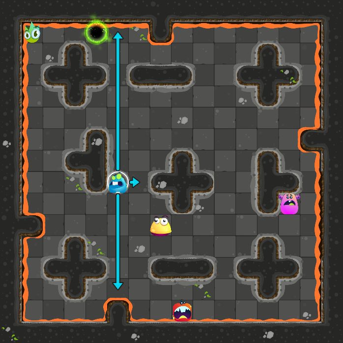 Before move 3: the monster that moves next is selected, with arrows where it can slide.