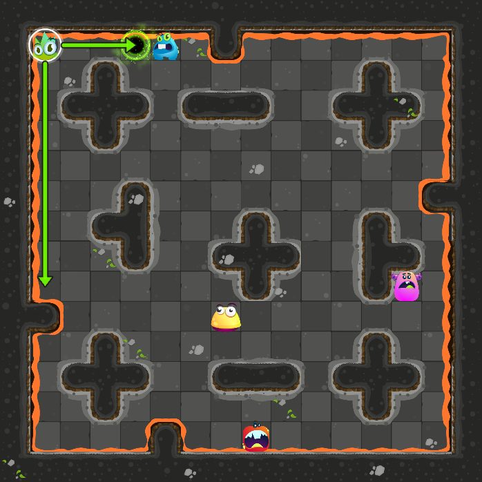 Before move 4: the monster that moves next is selected, with arrows where it can slide.