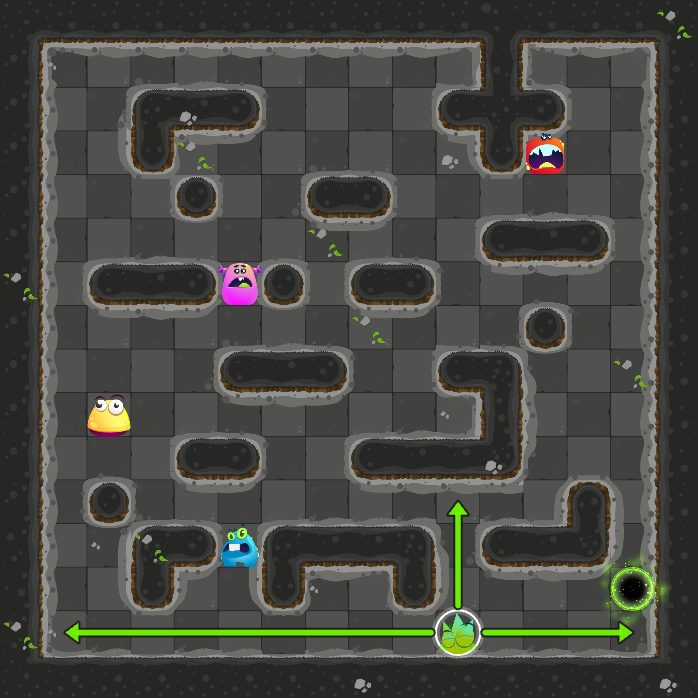 The medium board at the start: Roland, the green monster, four other monsters and the exit.