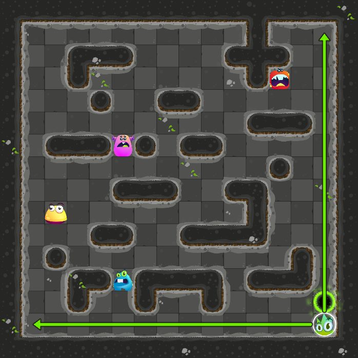 Before move 2: the monster that moves next is selected, with arrows where it can slide.