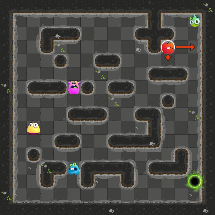 Before move 3: the monster that moves next is selected, with arrows where it can slide.