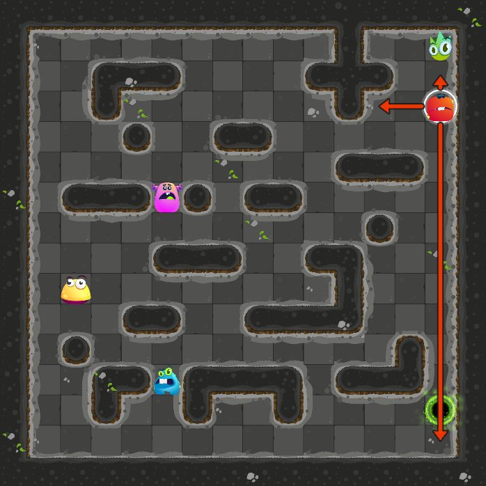 Before move 4: the monster that moves next is selected, with arrows where it can slide.