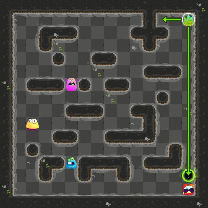 Before move 5: the monster that moves next is selected, with arrows where it can slide.